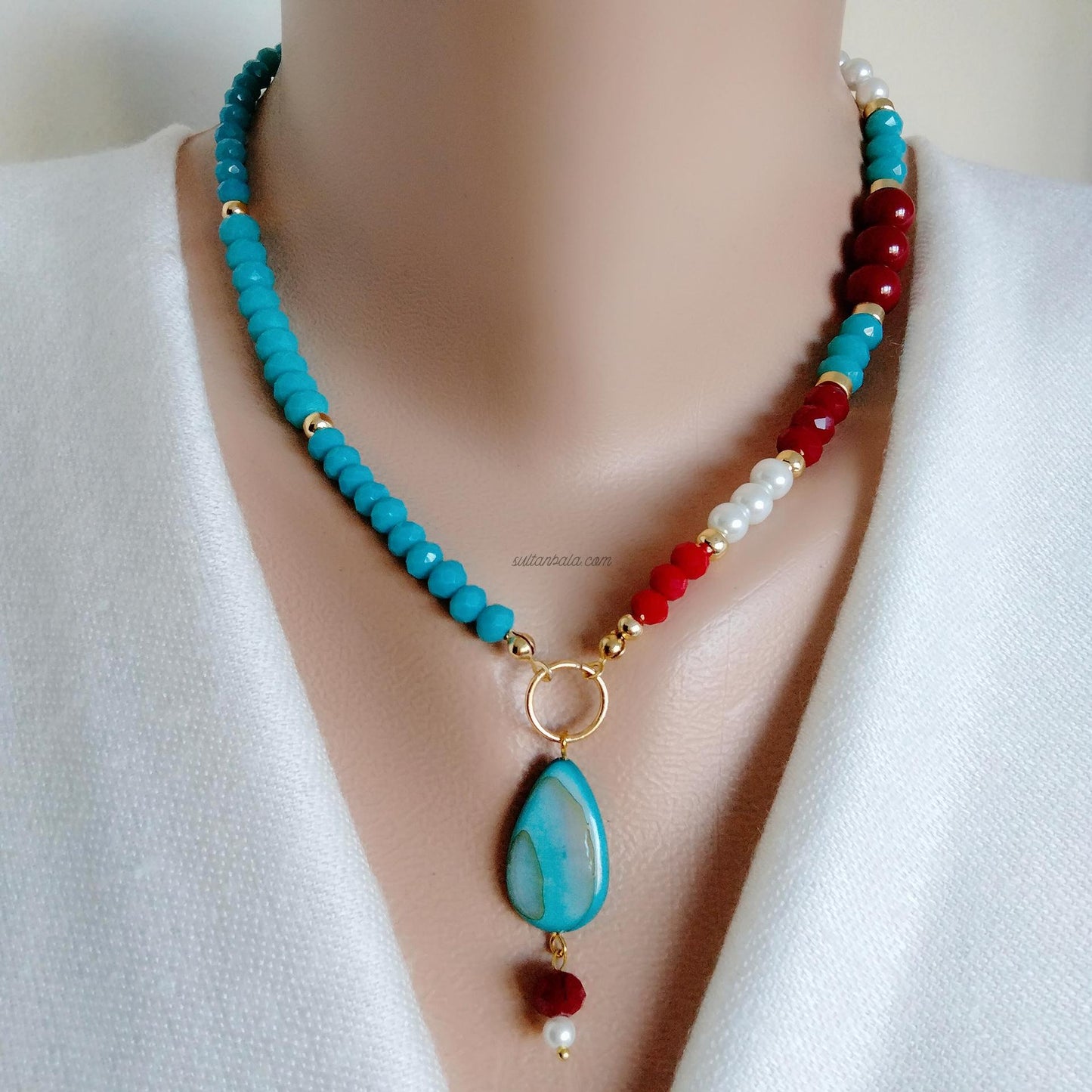 Turquoise Crystal and Red Coral Necklace and Bracelet Set