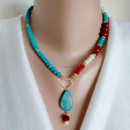 Turquoise Crystal and Red Coral Necklace and Bracelet Set