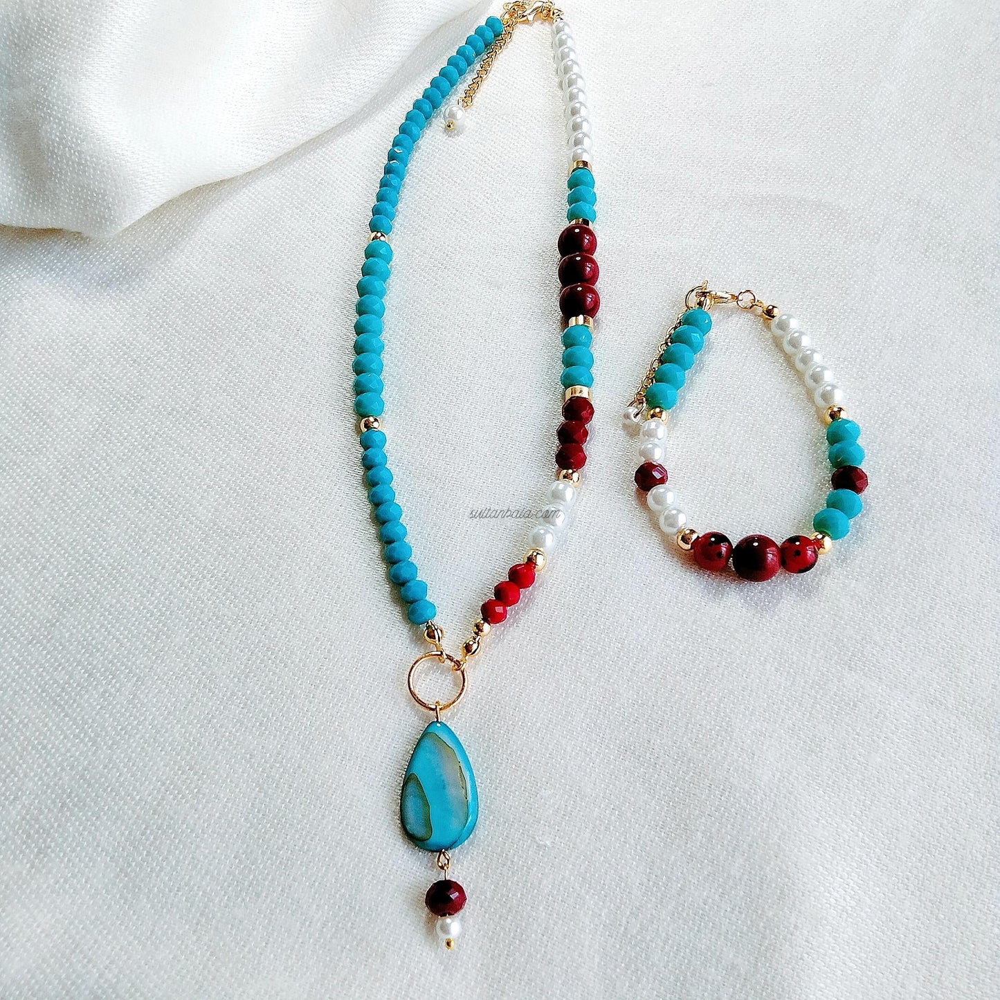 Turquoise Crystal and Red Coral Necklace and Bracelet Set