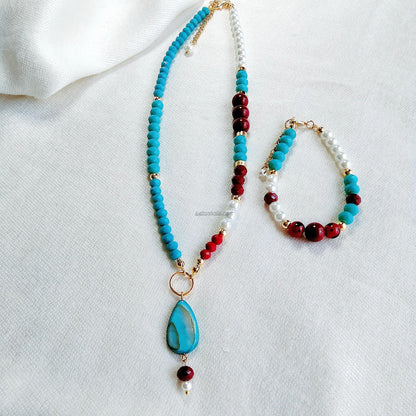 Turquoise Crystal and Red Coral Necklace and Bracelet Set