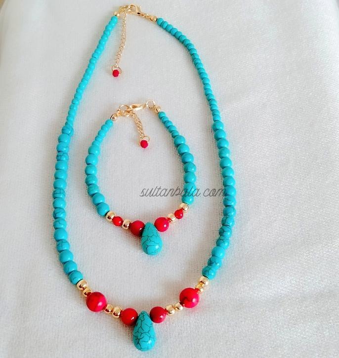 Turquoise Coral Gemstone Nck and Brac. Set