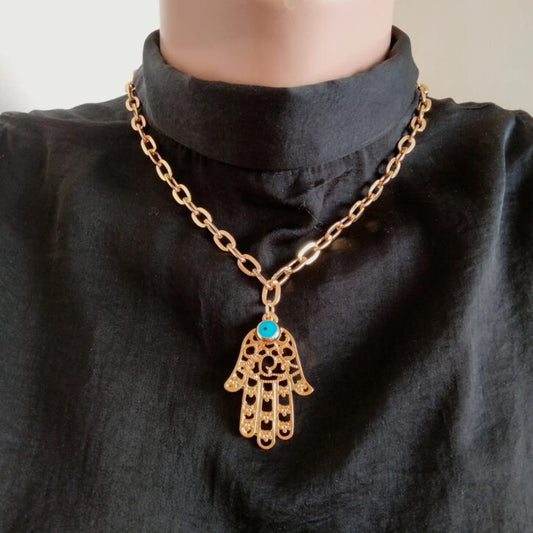 24K Gold-Plated Evil Eye Hamsa Hand Necklace with Chain