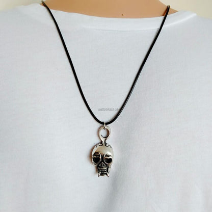 Silver Skull Pendant Necklace With Black Cord