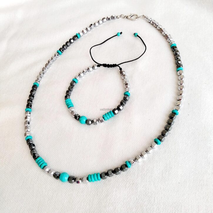 Men's Turquoise and Hematite Necklace and Bracelet Set