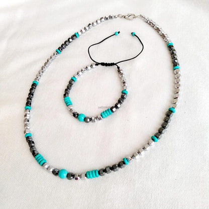 Men's Turquoise and Hematite Necklace and Bracelet Set