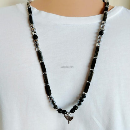 Men's Gemstone and Silver Necklace and Bracelet Set