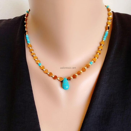 Turquoise and Heart Hematite Nck
