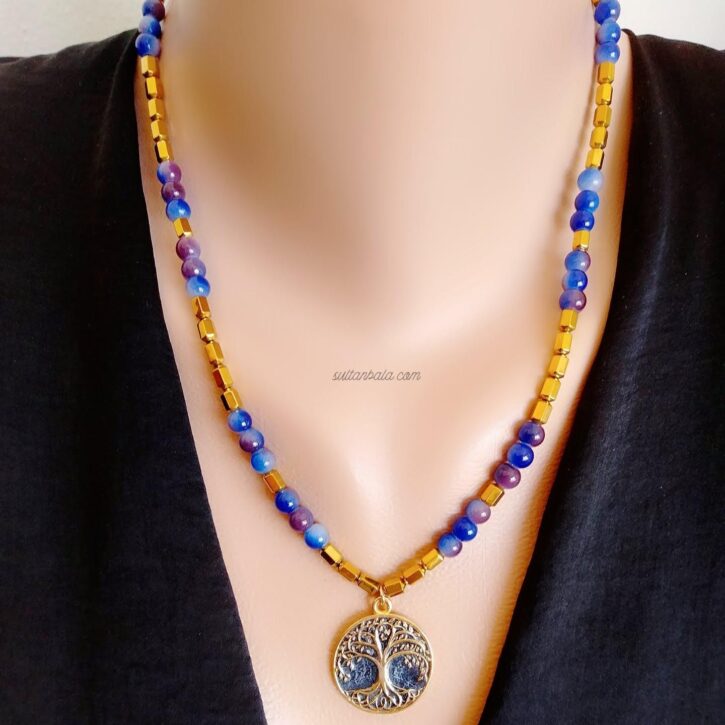 Tree of Life Hematite Necklace Gold-Plated Charm