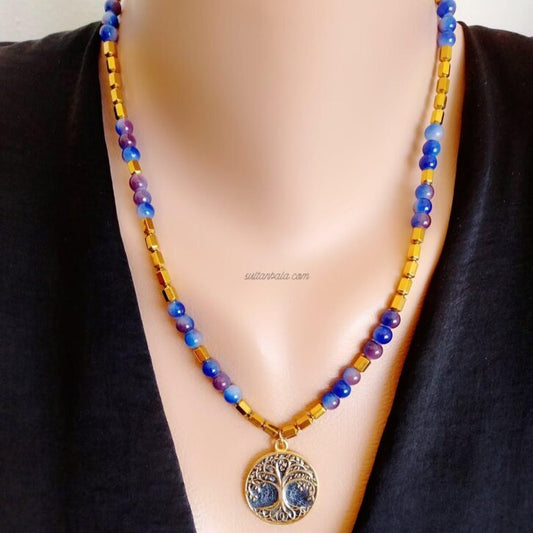 Tree of Life Hematite Necklace Gold-Plated Charm