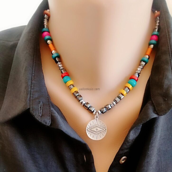 Wood Bead Hematite Necklace With Silver Plated charm