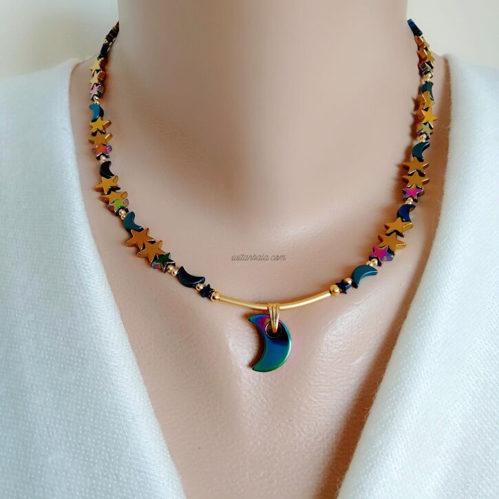 Blue Moon and Star Hematite Necklace