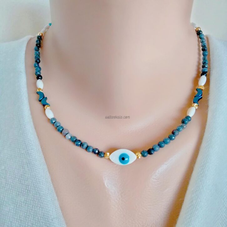 Tourmaline Necklace with Mother of Pearl and Evil Eye