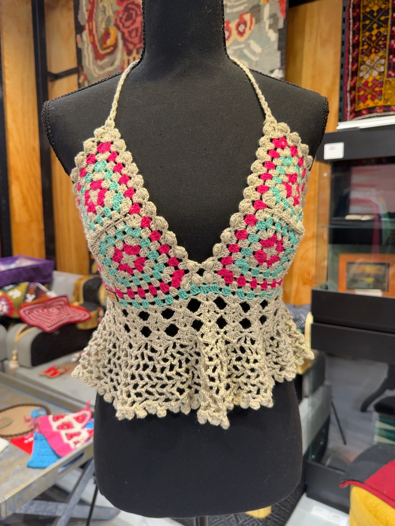 Handmade Crochet Halter Top – Granny Square Boho Crop Top | Adjustable Back | 3 Colors