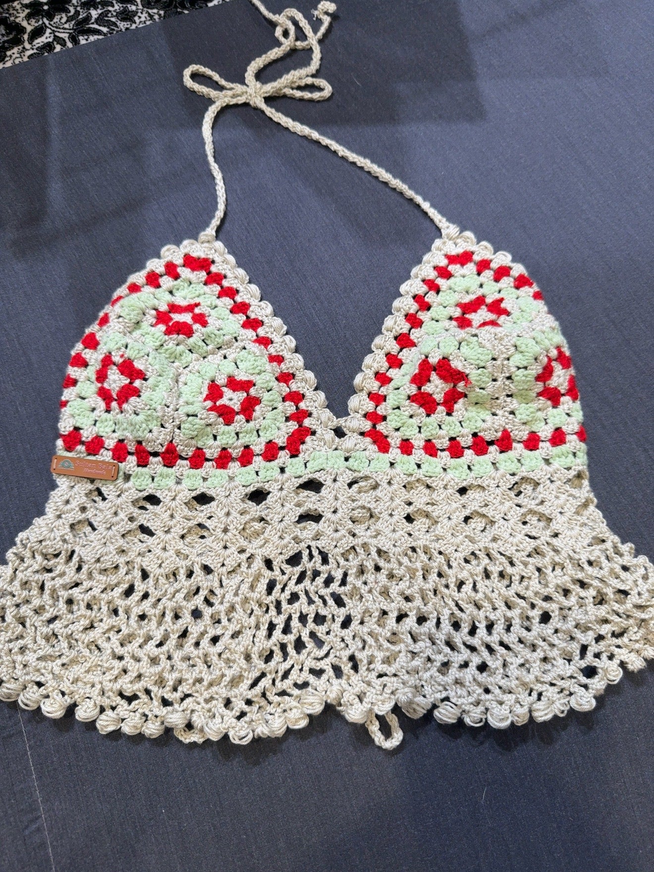 Handmade Crochet Halter Top – Granny Square Boho Crop Top | Adjustable Back | 3 Colors