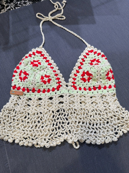Handmade Crochet Halter Top – Granny Square Boho Crop Top | Adjustable Back | 3 Colors