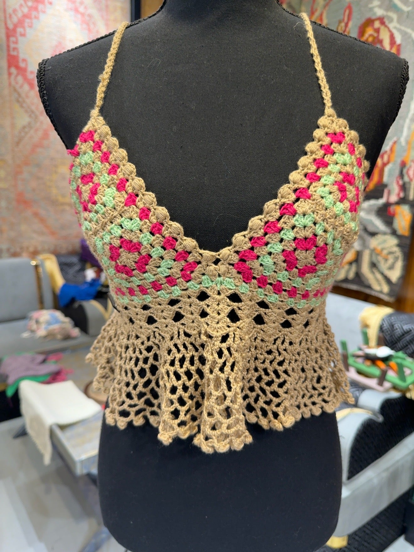 Handmade Crochet Halter Top – Granny Square Boho Crop Top | Adjustable Back | 3 Colors