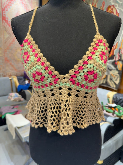 Handmade Crochet Halter Top – Granny Square Boho Crop Top | Adjustable Back | 3 Colors