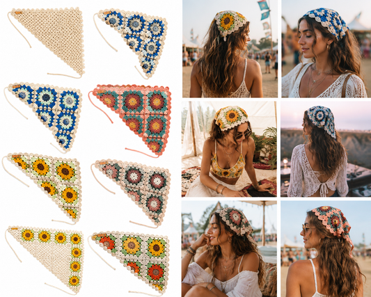 A collage showing multiple crocheted triangle headbands in different floral and geometric patterns, alongside several women modeling the headbands in beach and outdoor settings.