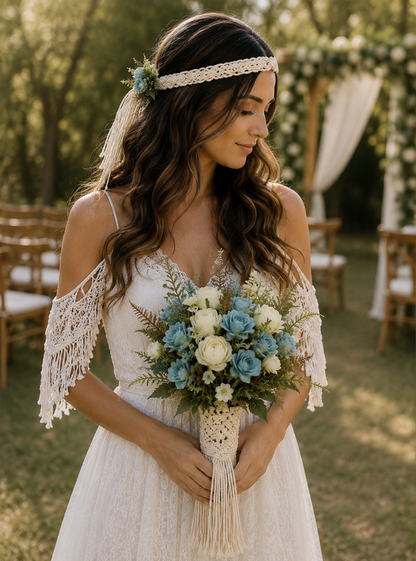 Boho Bridal Bouquet & Macramé Floral Crown Set