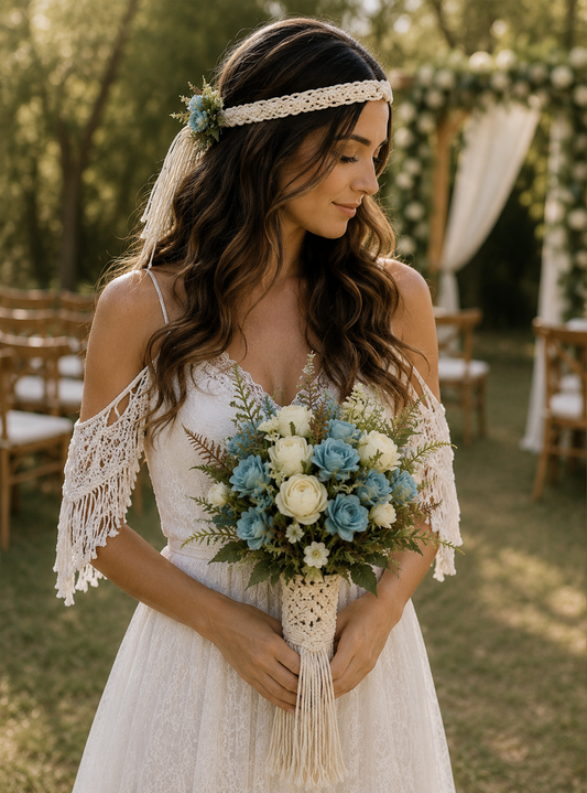 Boho Bridal Bouquet & Macramé Floral Crown Set