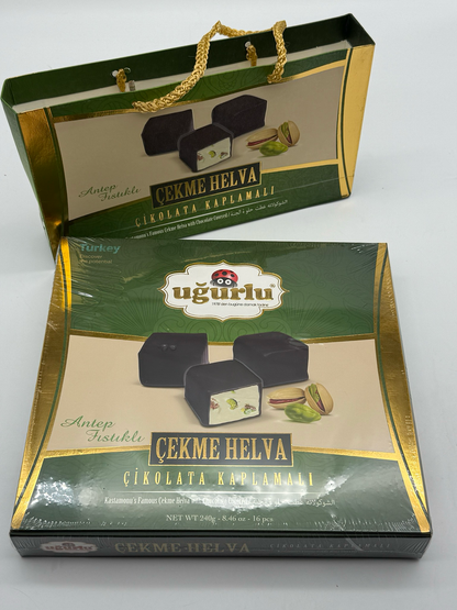 Uğurlu chocolate-coated pistachio çekme halva, 240 g box with 16 pieces, shown with matching green and gold packaging.