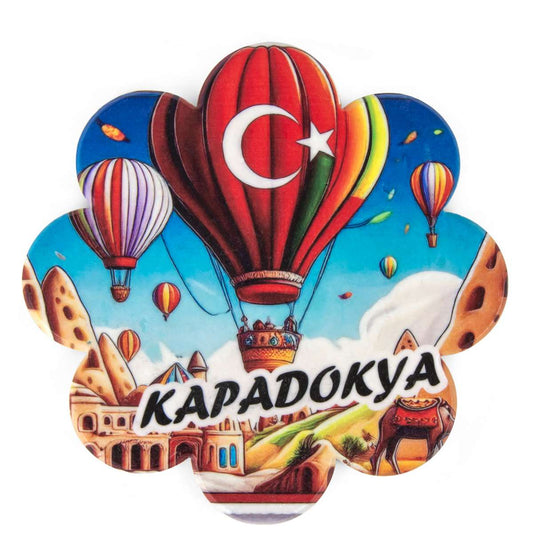 Front of colorful Cappadocia trivet with hot air balloons and landscape