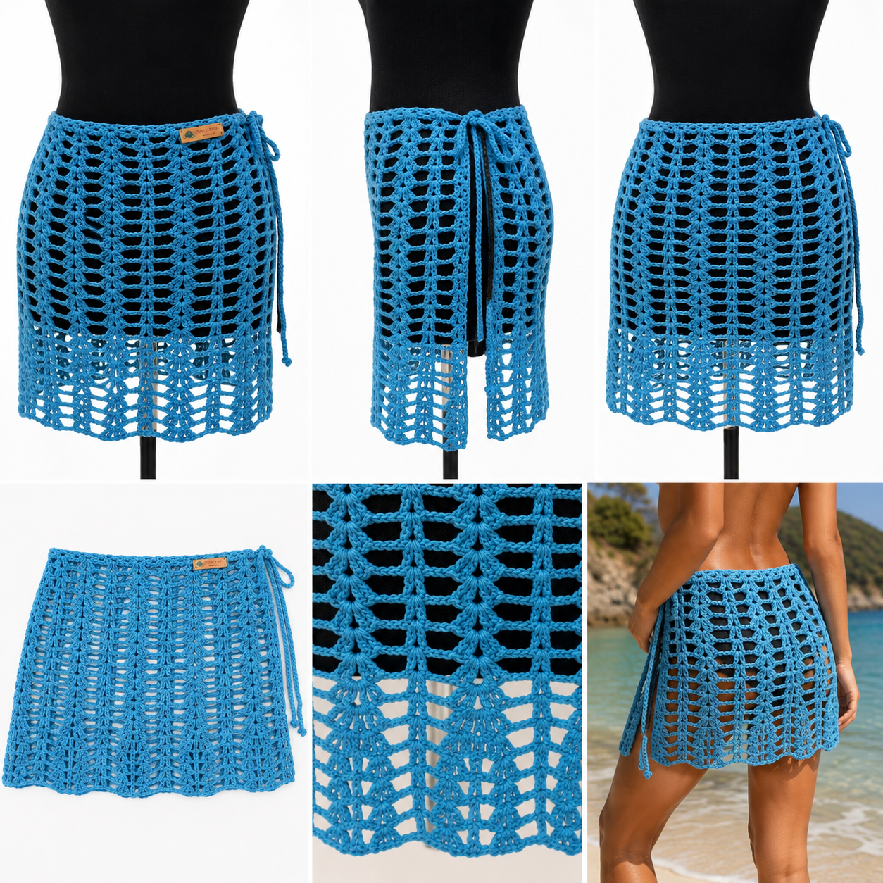 Handmade Crochet Beach Wrap Skirt – Boho Cotton Swim Cover-Up | Turquoise Crochet Sarong