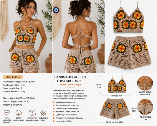 Handmade Crochet Granny Square Top & Shorts Set – Boho Summer Two Piece Outfit