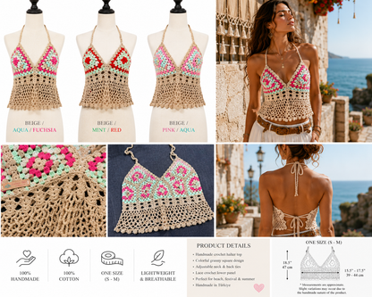 Handmade Crochet Halter Top – Granny Square Boho Crop Top | Adjustable Back | 3 Colors