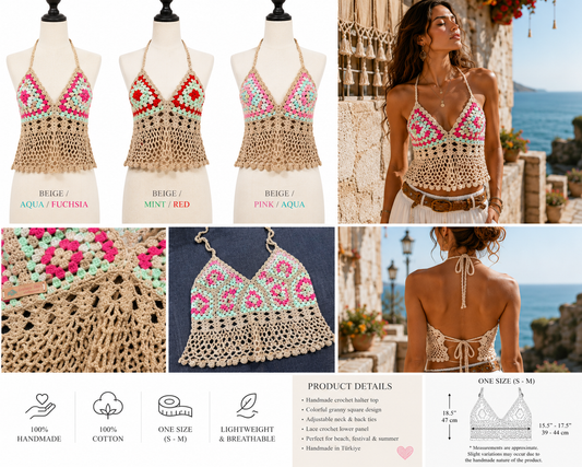 Handmade Crochet Halter Top – Granny Square Boho Crop Top | Adjustable Back | 3 Colors