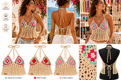 Handmade Crochet Halter Top – Granny Square Boho Crop Top | Adjustable Back | 3 Colors