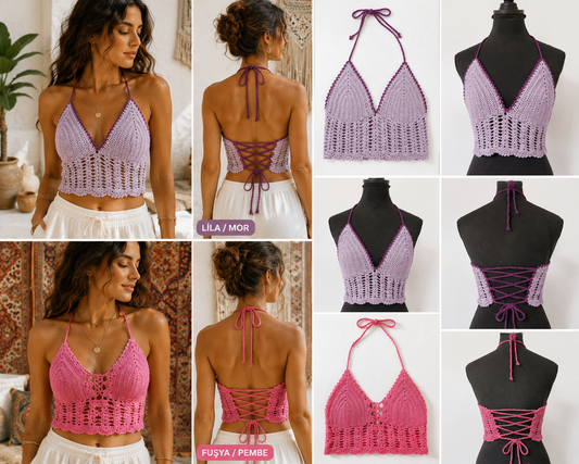 Handmade Crochet Halter Top | Adjustable Lace-Up Back | Boho Summer Crop Top | Beach Festival Top | Handmade Cotton