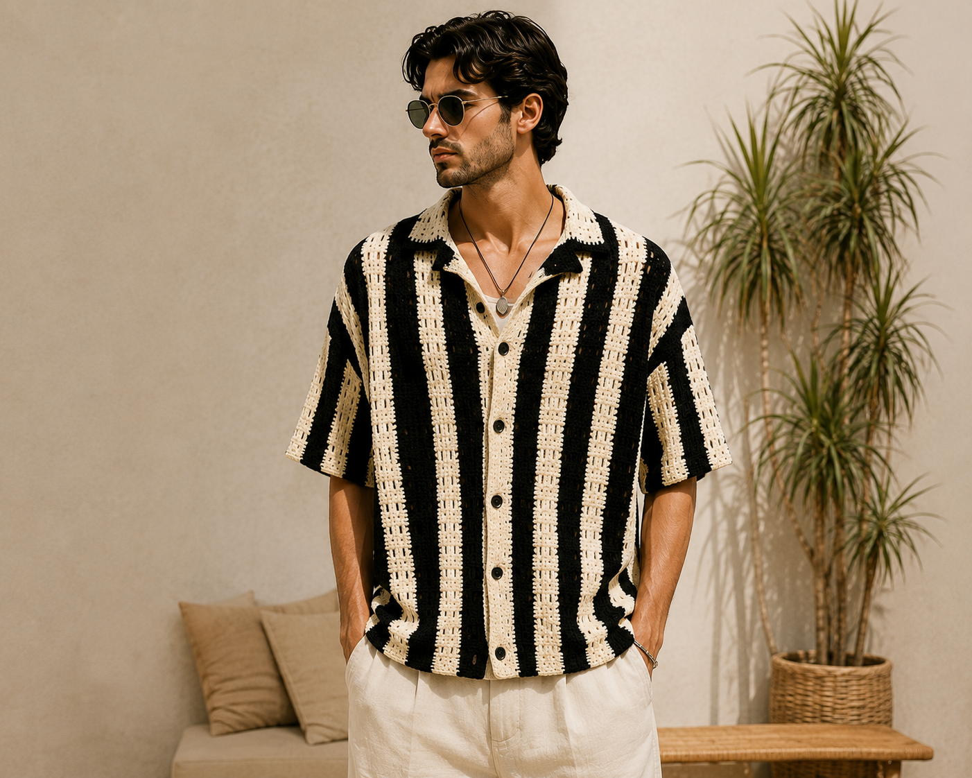 Handmade Striped Crochet Shirt Cardigan – Unisex | Black & Natural
