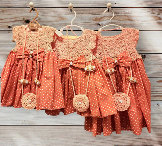 Girls Dress Special  Set White Polka Dot Orange Knit Top