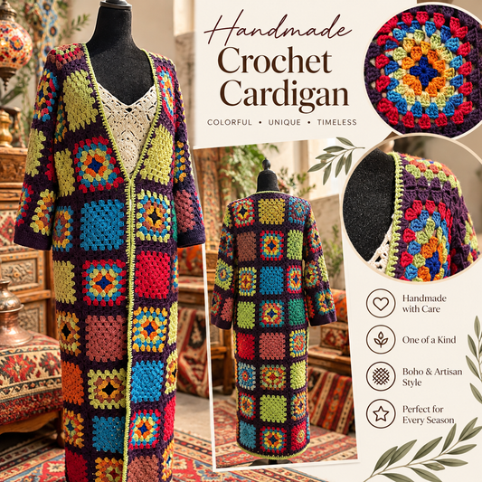 Violet  Handmade Multicolor Granny Square Crochet Long Cardigan | Boho Patchwork Coat