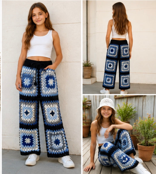 Handmade Granny Square Crochet Pants for Girls (Ages 11–15) | Boho Patchwork Knit Pants