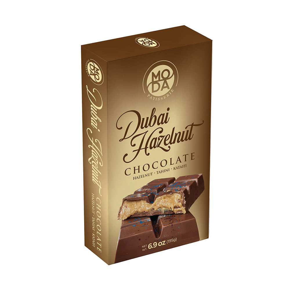 Dubai Chocolate Hazelnut 6.9oz (195g) premium chocolate bar with rich hazelnut filling, a luxurious Middle Eastern inspired gourmet dessert.