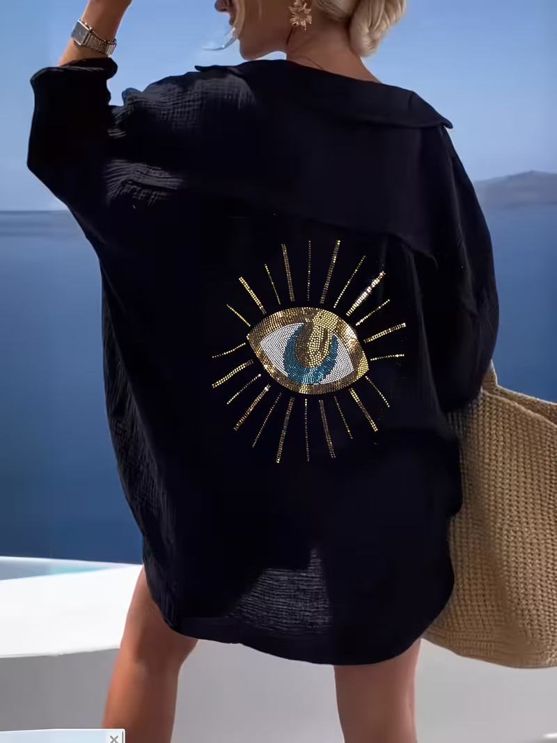 Mediterranean Womens Lapel Long Sleeve Shirt