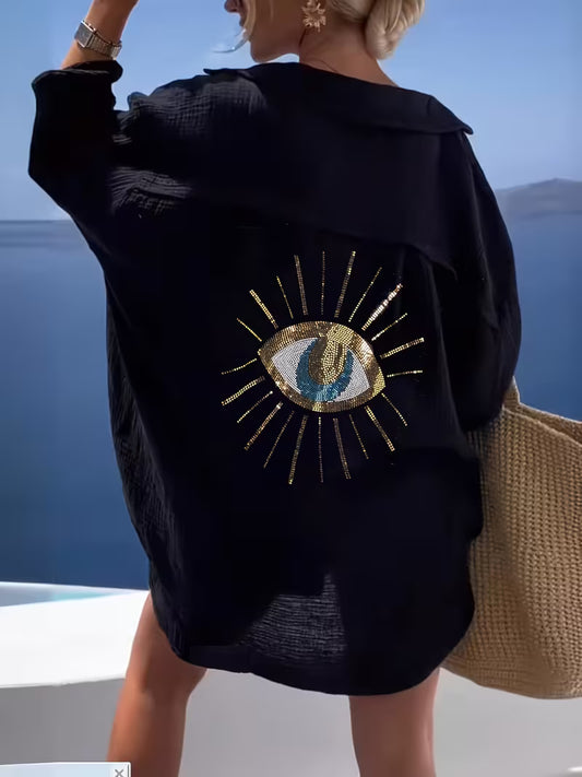 Mediterranean Womens Lapel Long Sleeve Shirt