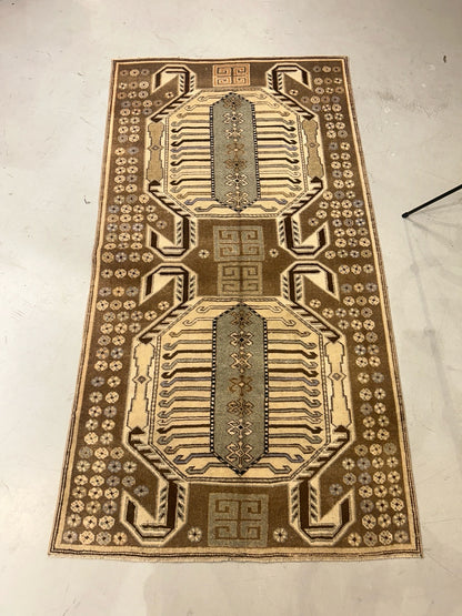 Vintage Turkish Kars Rug – 3x5.8 ft Hand-Knotted Wool Carpet | Geometric Anatolian Design in Neutral Earth Tones - No.12