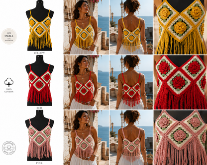 Handmade Crochet 3D Floral Fringe Bustier Top – Boho Festival Crop Top | Mustard, Red & Dusty Pink