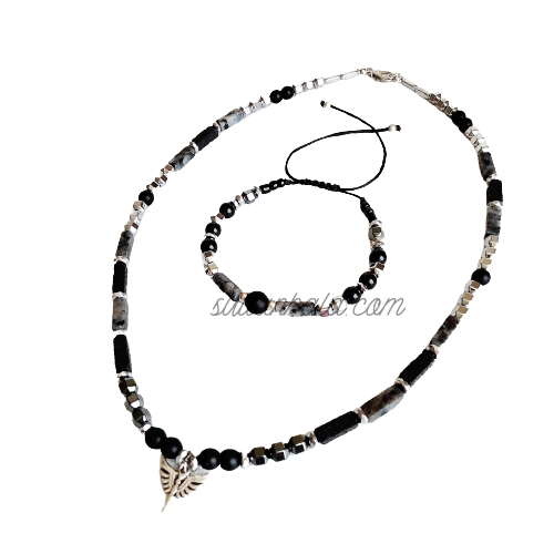 Men's Gemstone and Silver Necklace and Bracelet Set