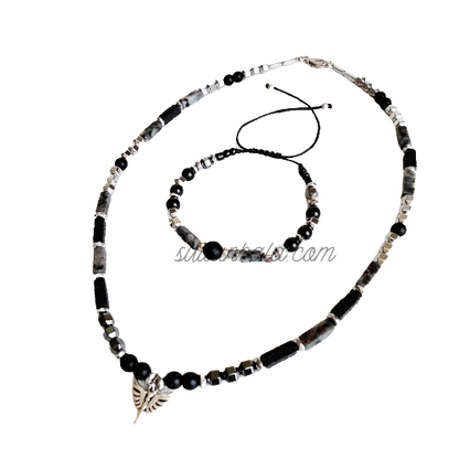 Men's Gemstone and Silver Necklace and Bracelet Set