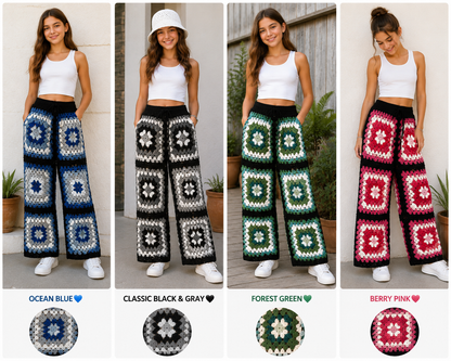 Four teen girl modeling crocheted wide-leg pants in different colorways, shown side by side with text labels and circular color swatches below each pair. The pants feature granny-square crochet patterns in ocean blue, black and gray, forest green, and berry pink.