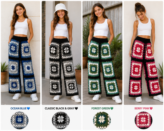 Four teen girl modeling crocheted wide-leg pants in different colorways, shown side by side with text labels and circular color swatches below each pair. The pants feature granny-square crochet patterns in ocean blue, black and gray, forest green, and berry pink.