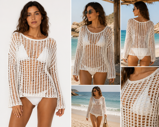 A collage showing a woman modeling a white open-knit long-sleeve cover-up over a white bikini on a beach and against a plain studio background. Multiple views include front, back, and close-up detail shots.