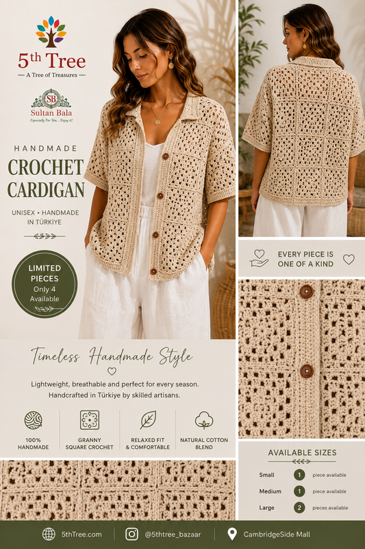 Promotional collage for the 5th Tree Handmade Crochet Cardigan, showing a woman modeling the beige crochet cardigan in front and back views, alongside close-up fabric detail shots and product information text.