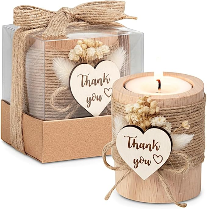 Rustic tealight candle holder with jute twine, dried flowers and wooden thank you heart tag, shown in gift box and standalone