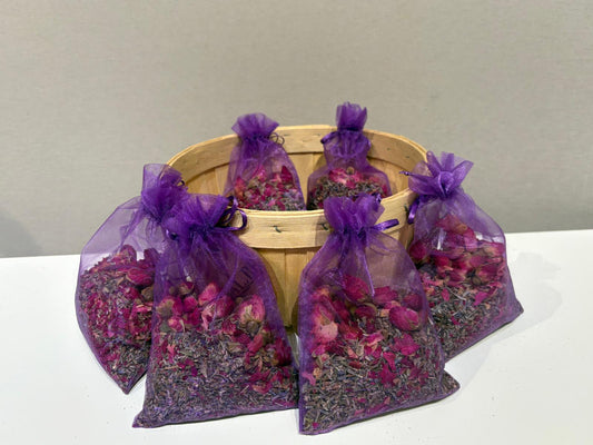 Handmade lavender rose sachet with amethyst and rose quartz crystals