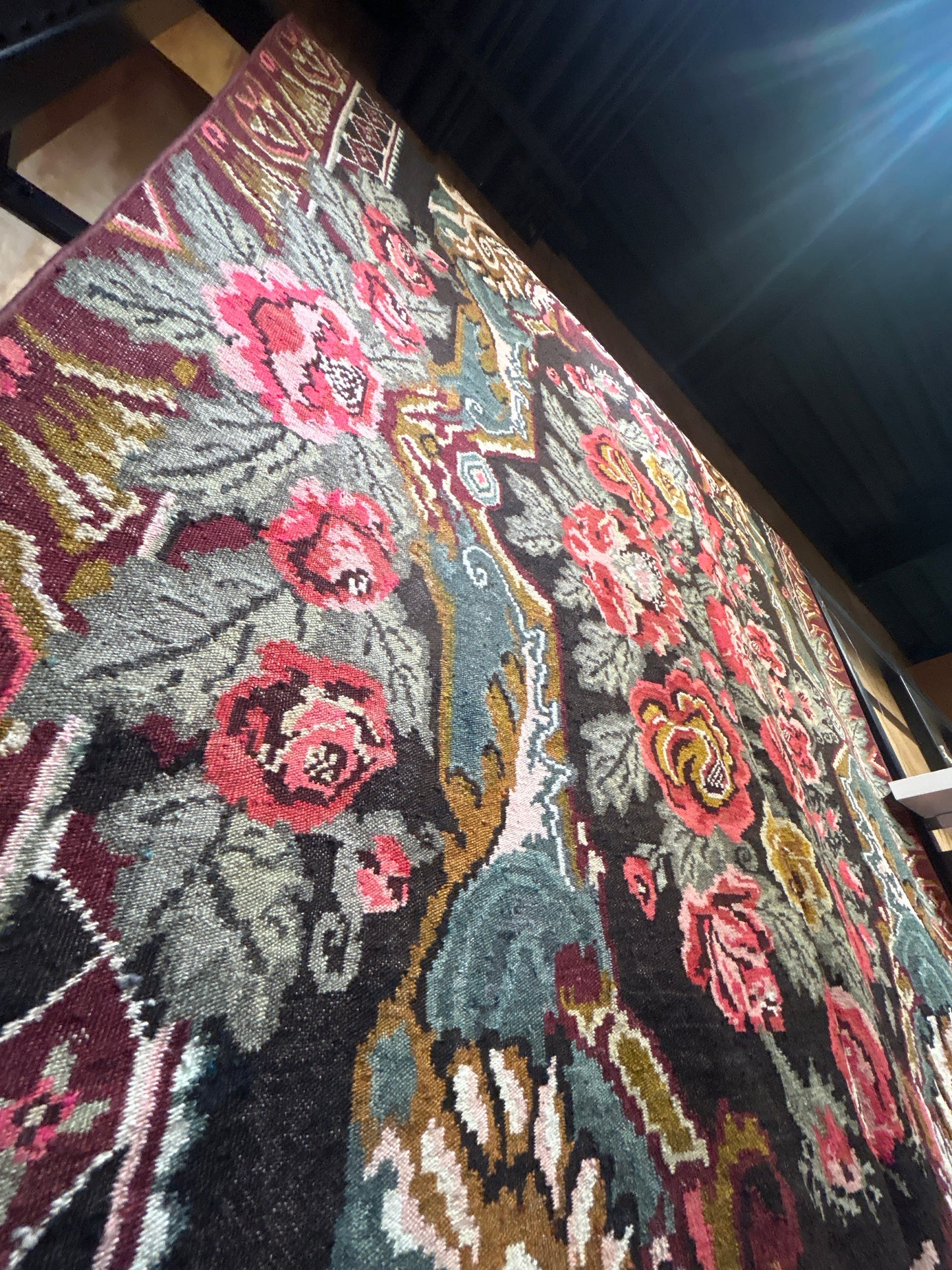 No.1 Vintage Balkan Floral Kilim – 6.10x11.4 ft | Handwoven Wool Rug | Black Ground with Roses | Bulgarian / Romanian Flatweave (c.1970s) -